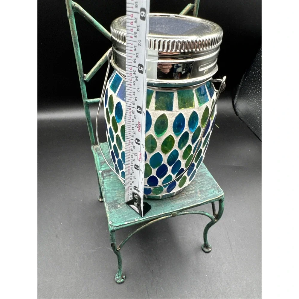 Solar Powered LED Light  Mason Glass Jar Mosaic Green Blue Coastal Cottagecore